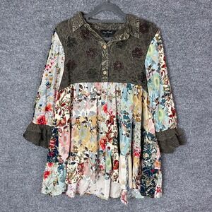 Young Threads Patchwork Floral Tunic Shirt Dress Brown Multi Color Size L